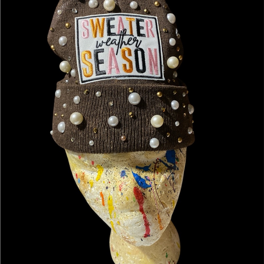 Brown Beanie with Pearls - Sweater Weather Season